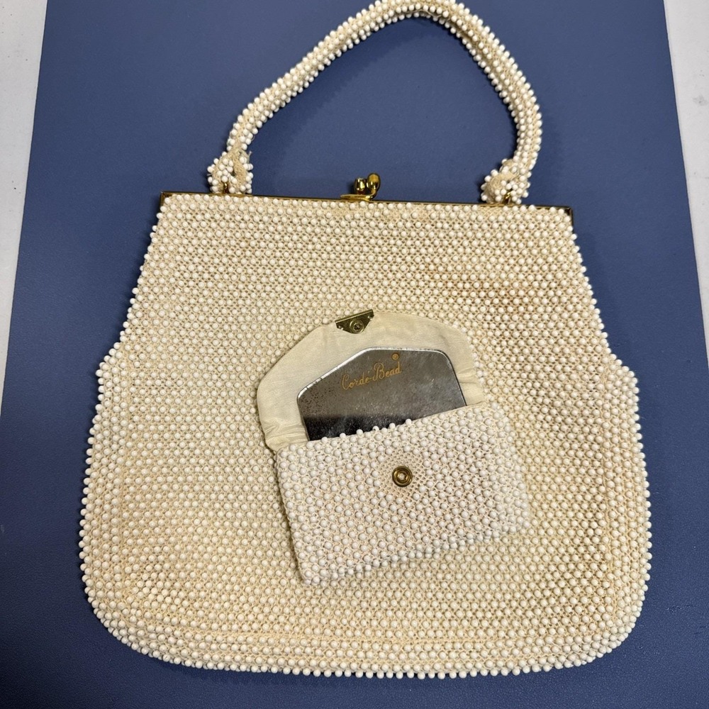 VTG 60s Purse Cream Wht Beaded Handbag &‎ Coin Mirror Kisslock Hippie Boho